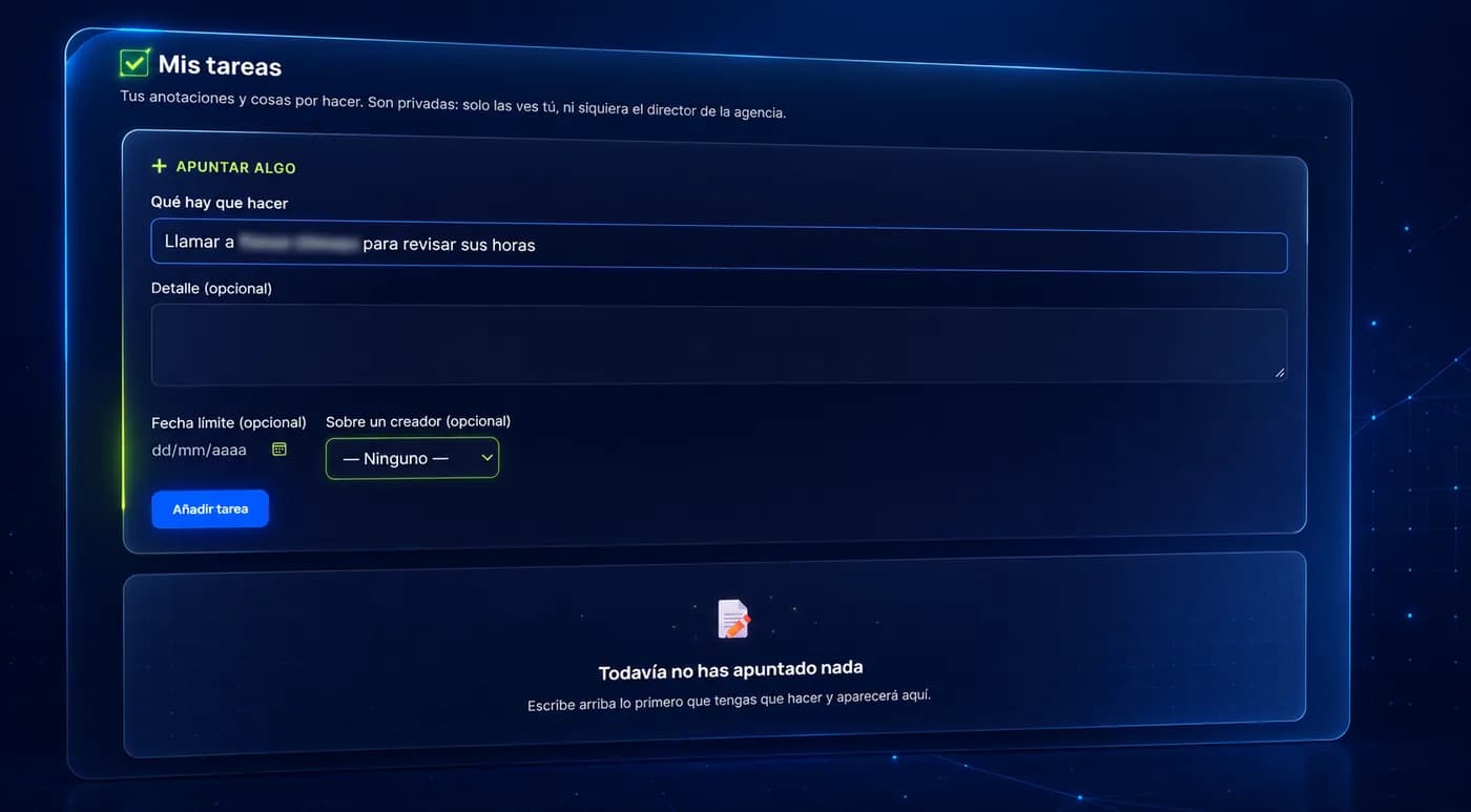 Lista de pendientes de un usuario, con su fecha límite y el creador al que va vinculado cada uno
